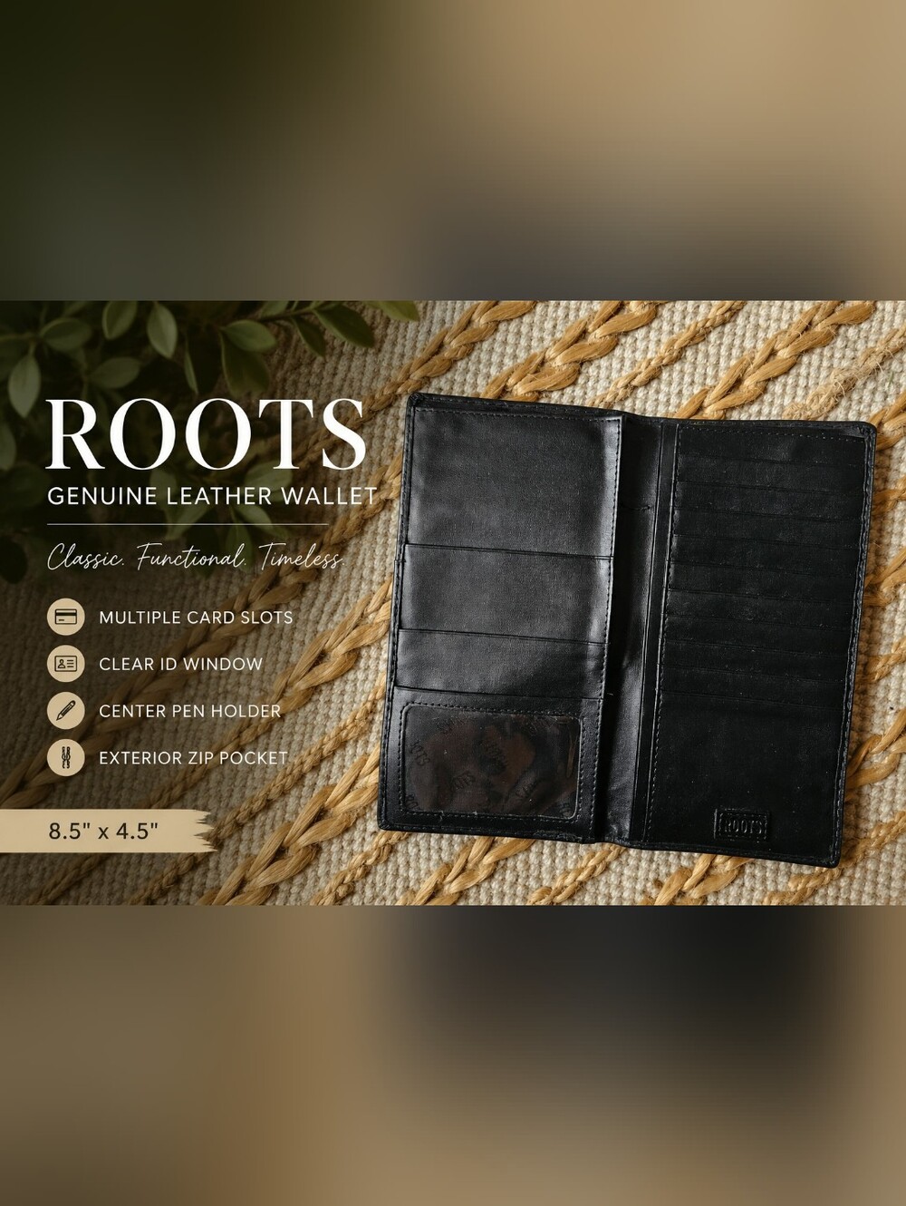 ROOTS Genuine Leather Black Travel Wallet